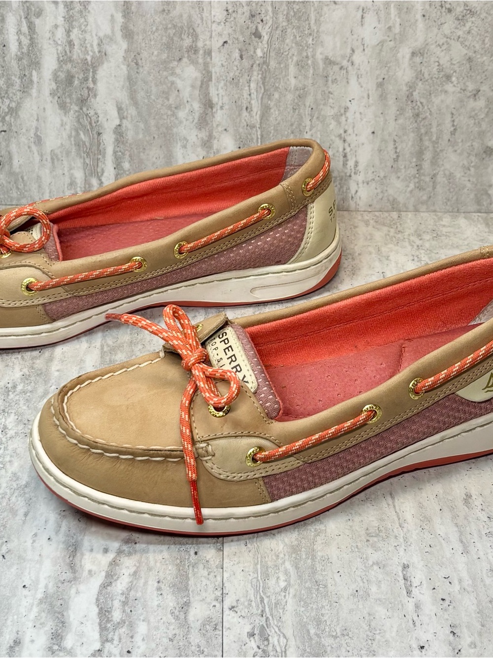 Sperry Top Sider Tan Leather and Coral Boat Shoes Slip Ons Loafers Sz 9M - Picture 4 of 7